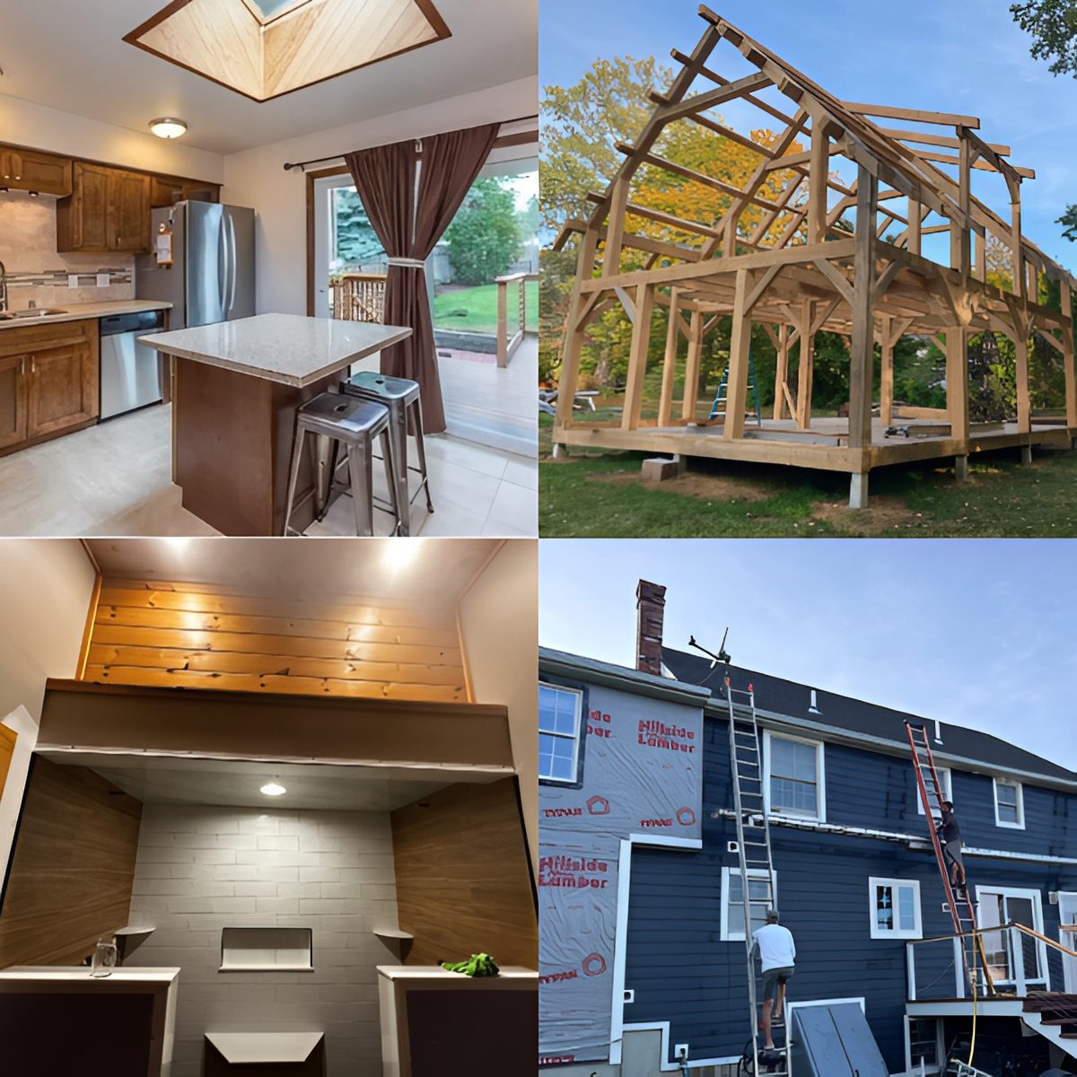 Collage showing a modern kitchen, wooden house frame, theater room, and exterior of a blue house.